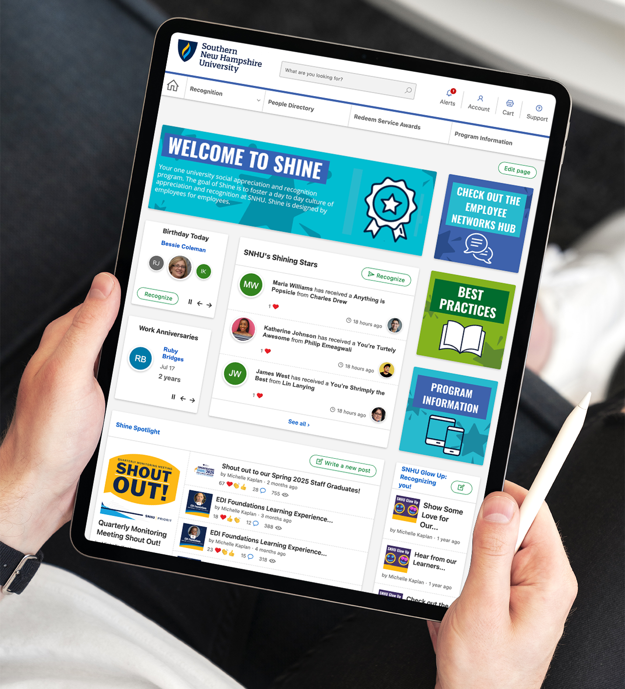 SNHU's employee experience hub, Shine, hosts their recognition program, internal comms and more!
