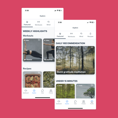 Explore opens up with recommended featured content and offers tabs for various wellbeing aspects like Workouts, Mind, Recipes and Sleep.