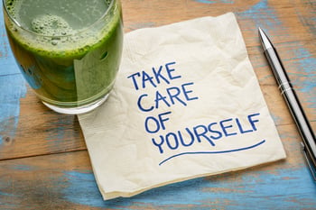 green smoothie with self-care note, "take care of yourself"