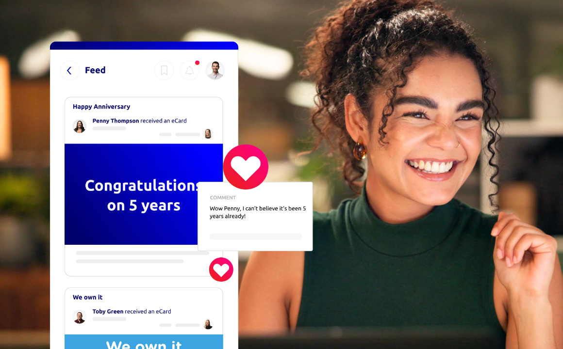 Happy employee receiving a milestone ecard