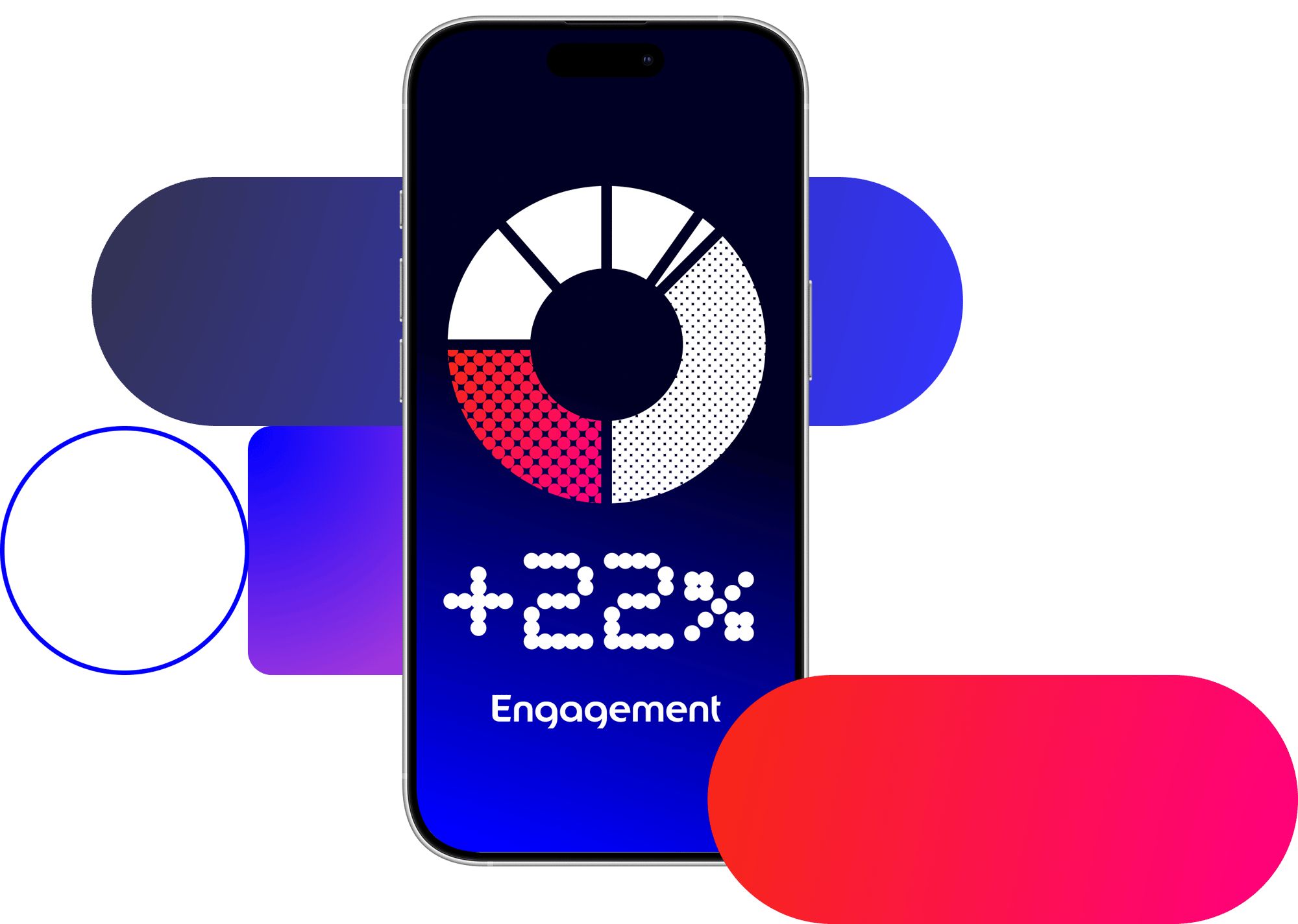 Phone showing pie chart with '+22% engagement'