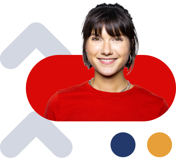 Woman in red shirt, smiling