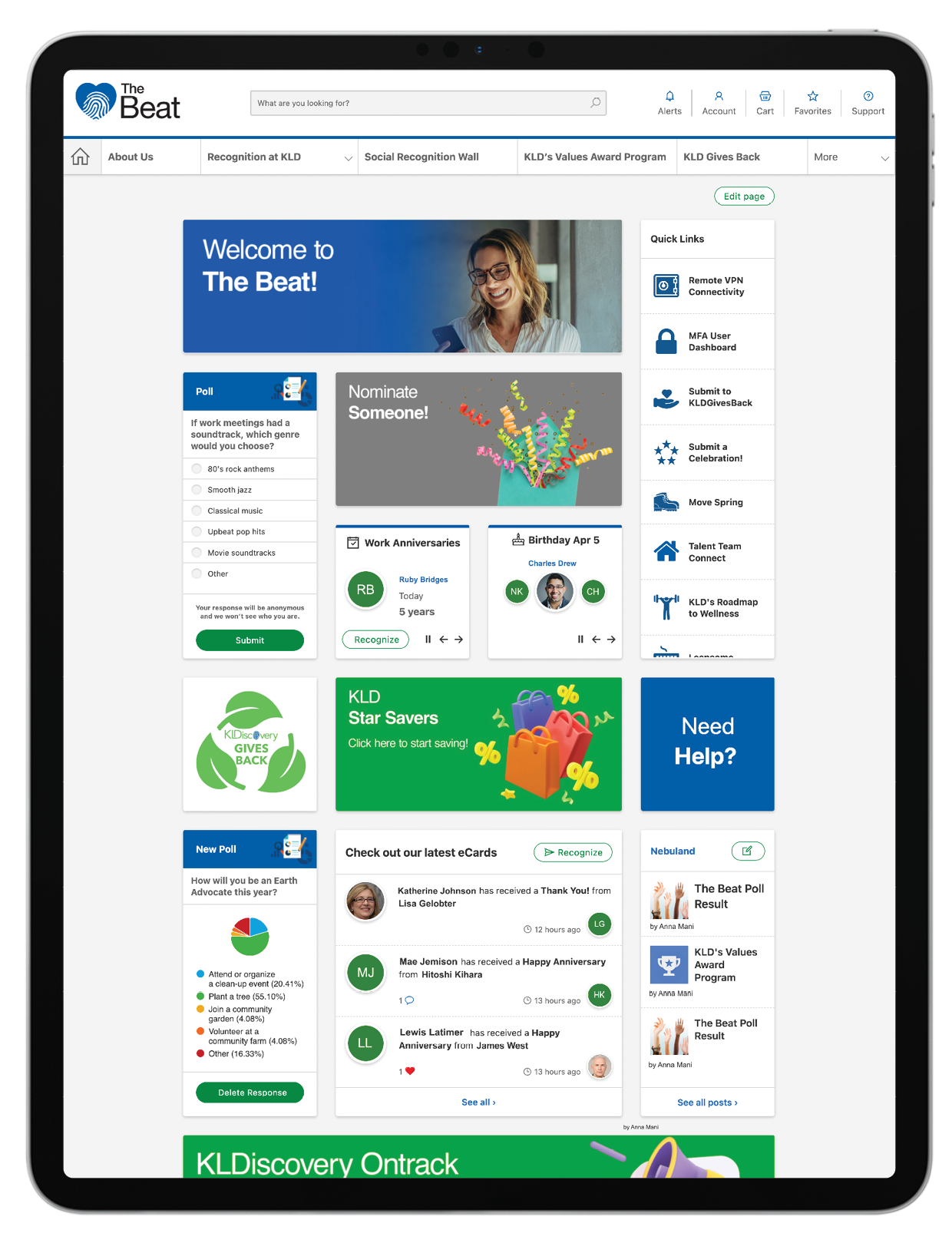 KLDiscovery's platform, The Beat, organizes employee resources in one easy-to-access place.