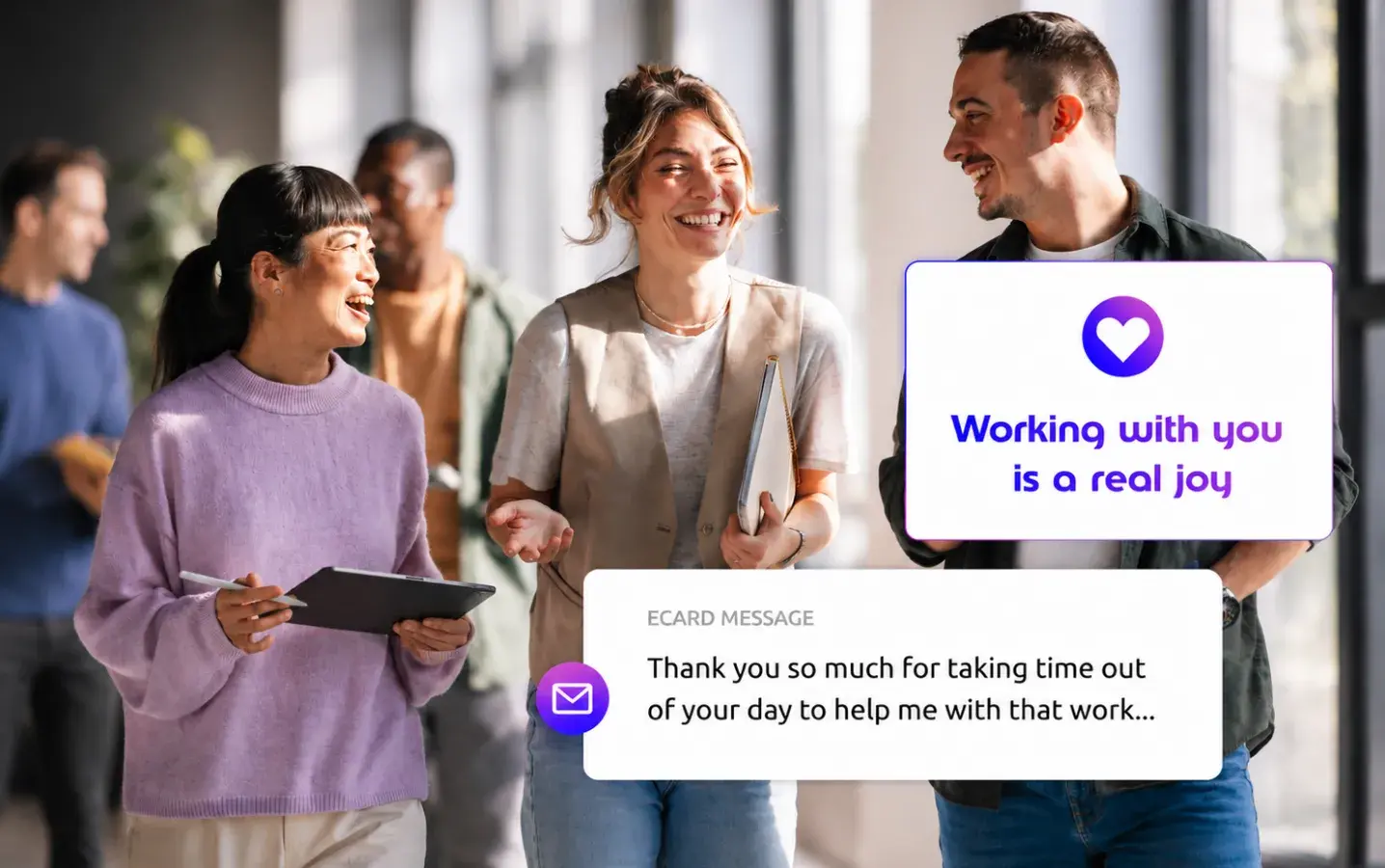 Coworkers sharing employee recognition