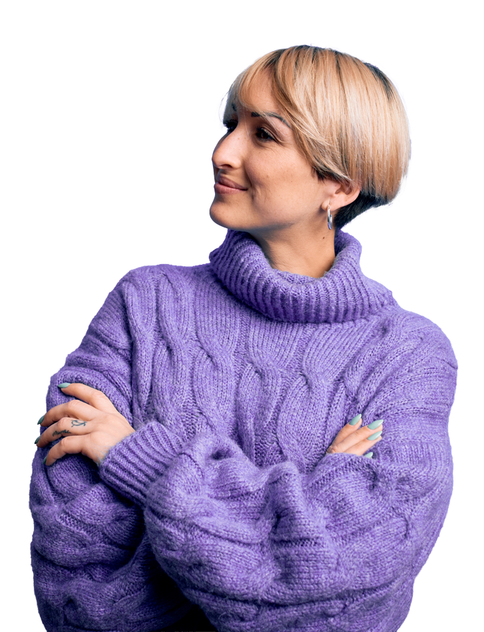 BlondWomanShortHairPurpleSweater